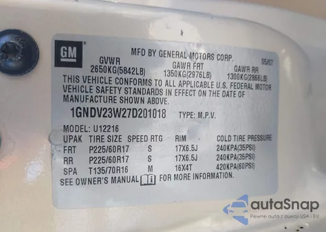 2007 Chevrolet Uplander Ls z USA, uszkodzony, nr VIN 1GNDV23W27D201018